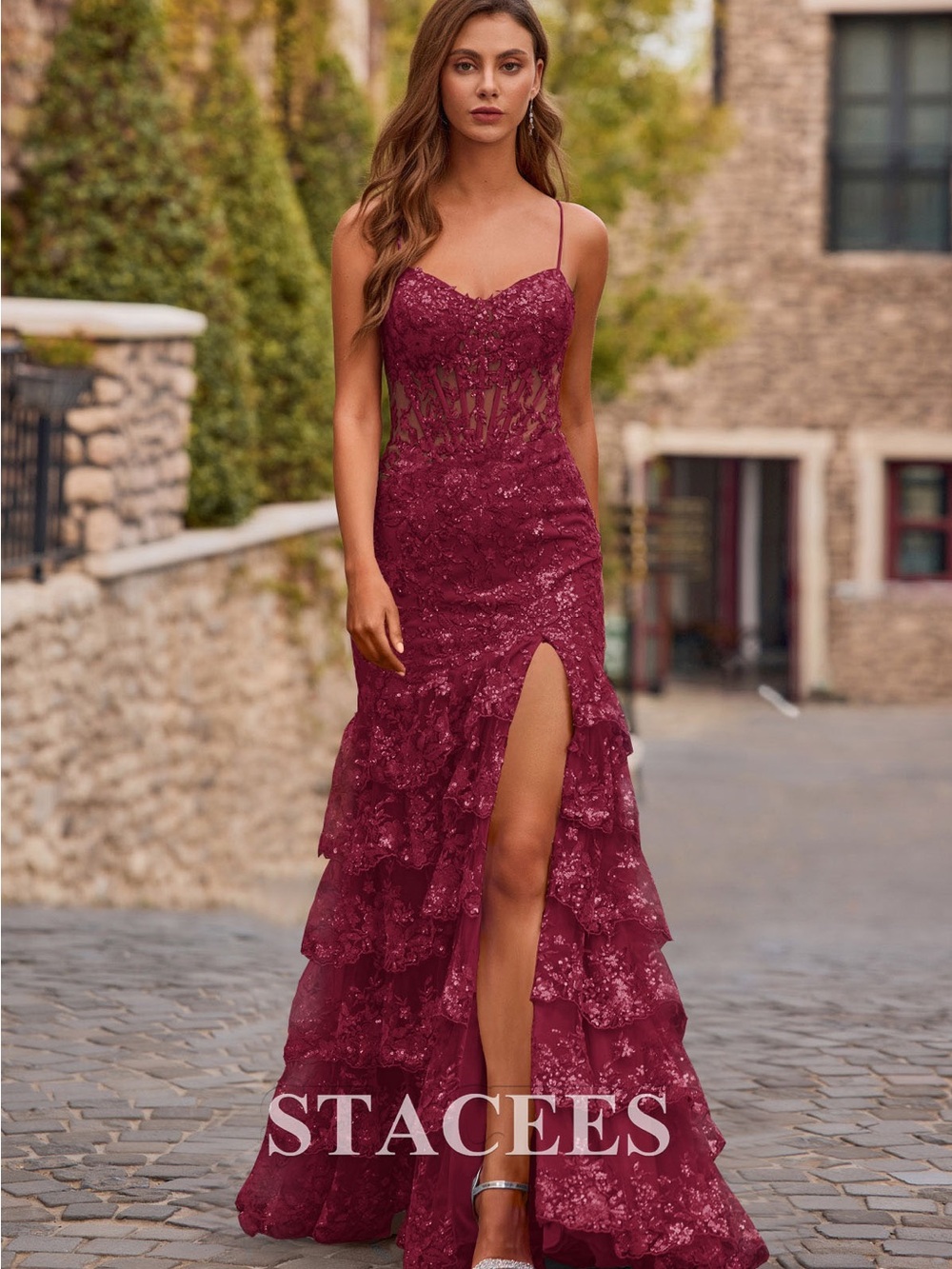 Stacees Burgandy Maroon Wine Lace Ruffled Prom Gown with High Slit